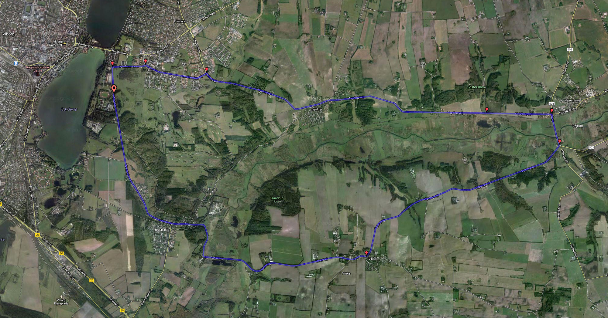 Kort over cykelruten - 2 x 20 km